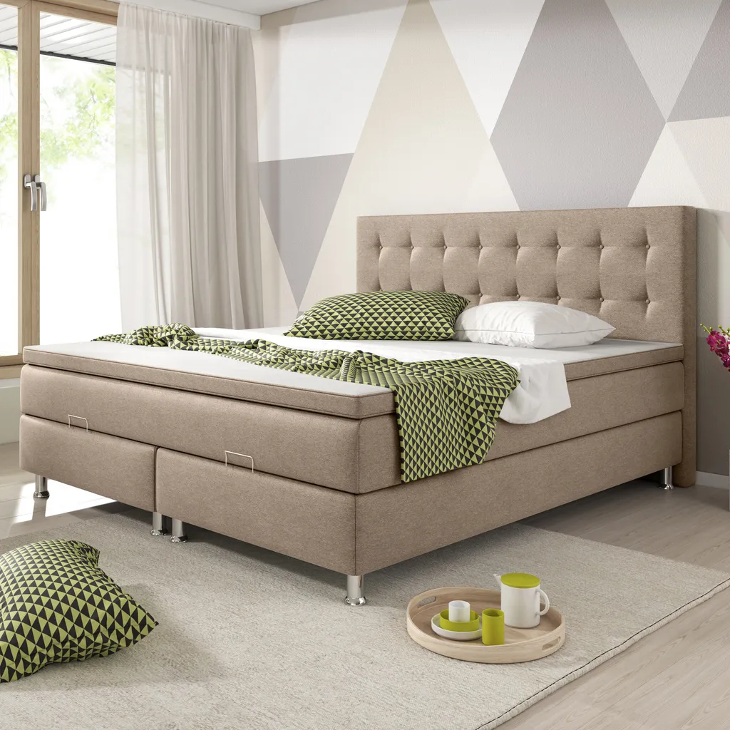 Inter Handels Boxspringbett Köln Mit Bettkasten 180x200 | Boxspringbett In Beige Mit Webstoff Muddy