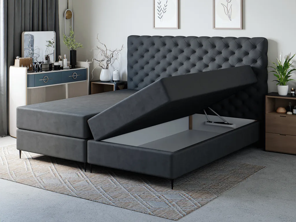 Kontinentalbett 200x200 Bergamo - Bett Mit Zwei Matratzen & Bettkästen & Boxspringbett Mit Chesterfield Kopfstütze - Schwarz (Monolith 95) – Bild 3