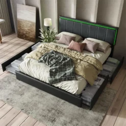 Merax Polsterbett 140x200cm Funktionsbett Mit 4 Schubladen Und Verstellbarem Kopfteil, LED-Beleuchtung Und Lattenrost, Doppelbett Kieferholzbett Aus PU, Schwarz