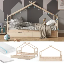 VitaliSpa Kinderbett + Gästebett + 2x Matratze Design Natur 208 X 146 X 97 Cm Massivholz