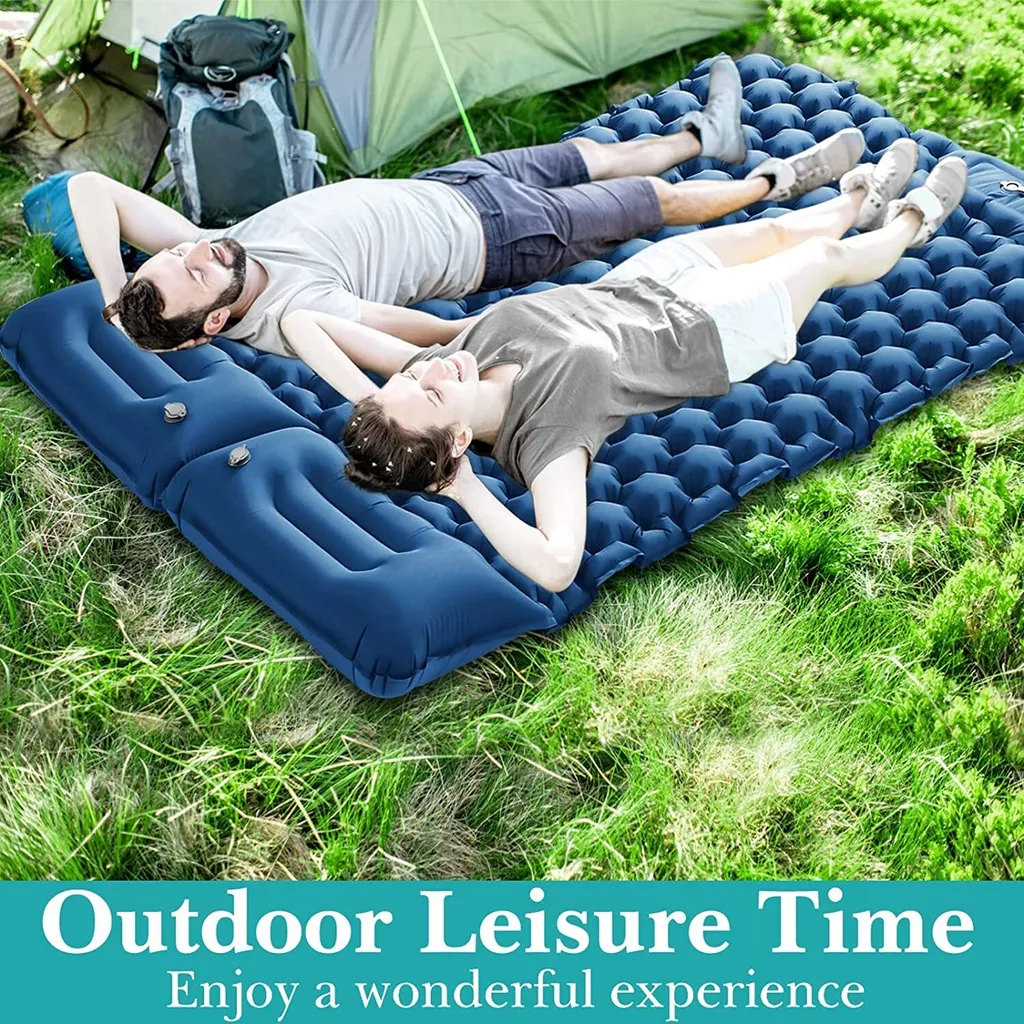 Camping Isomatte 2 Personen Aufblasbare Isomatte, Fußpresse Aufblasbare Wasserdicht Faltbar Schlafmatten Mit Kissen Für Camping, Picknick,Trekking, Und Reisen,Blau – Bild 2