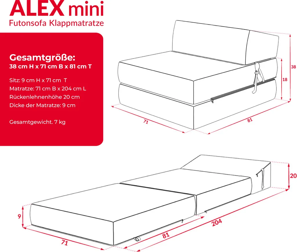 Klappmatratze 70x200 Cm Futonsofa Kaltschaum Polyurethan Höhe Ca. 9 Cm Microfibre Graphitgrau – Bild 3