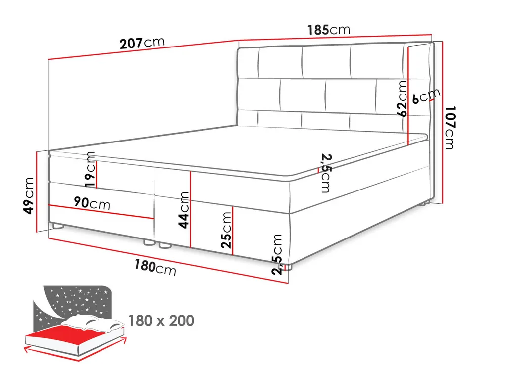 Mirjan24 Boxspringbett Wall, Stilvoll Polsterbett, Doppelbett Mit Zwei Bettkästen, Schlafzimmer (Farbe: Itaka 10, Größe: 180x200 Cm) – Bild 7