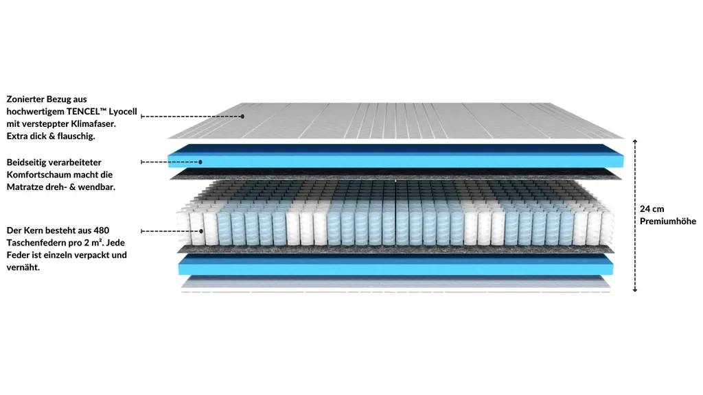 AM Qualitätsmatratzen | Premium 7-Zonen Taschenfederkernmatratze | 180x200 Cm | H5 | Tonnentaschenfederkernmatratze | 180/200 | Federkernmatratze | Härtegrad H5 | 7 Zonen | 24 Cm Höhe – Bild 3