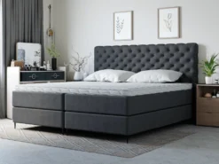 Kontinentalbett 200x200 Bergamo - Bett Mit Zwei Matratzen & Bettkästen & Boxspringbett Mit Chesterfield Kopfstütze - Schwarz (Monolith 95)