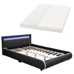 Juskys Polsterbett Sevilla 140 X 200 Cm Mit Matratze, Lattenrost, LED Beleuchtung & Kopfteil - Kunstleder & Holz - Bett Bettgestell Jugendbett Schwarz