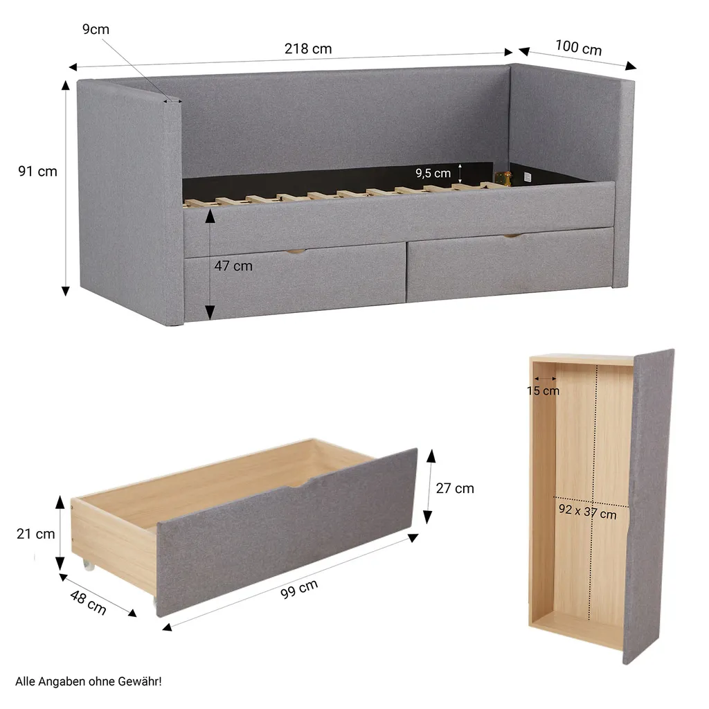 Homestyle4u 1987, Polsterbett 90x200 Cm Mit Bettkästen, Tagesbett Schlafcouch Gästebett Ausziehbar Grau – Bild 4