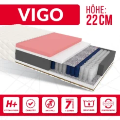Matratze 180x200 Cm VIGO 7 Zonen H3 H4 Taschenfederkern Visco Memory Schaum Kokos Höhe Ca. 22 Cm Mit Waschbarem Bezug Premium Jersey