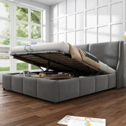 Merax Hydraulisches Funktionsbett 140x200 Cm Polsterbett Boxspringbett Mit Bettkasten Und Rückenlehne, Lattenrost Und Stauraum, Ohrform Doppelbett Ehebett Aus Samt, Grau