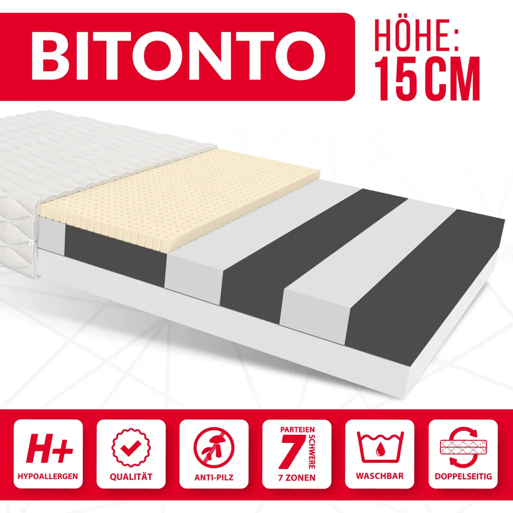 Matratze 160x200 Cm BITONTO 7 Zonen H2 H3 Kaltschaum Latex HR-Schaum Höhe Ca. 15 Cm Mit Waschbarem Bezug Premium Jersey
