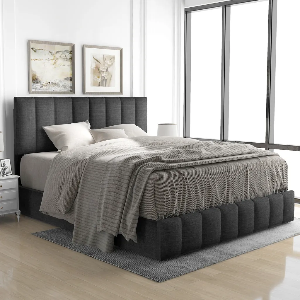 Merax Hydraulisches Boxspringbett 140x200cm Polsterbett Mit Bettkasten Und Lattenrost, Doppelbett Stauraumbett Aus Leinen, Grau – Bild 2