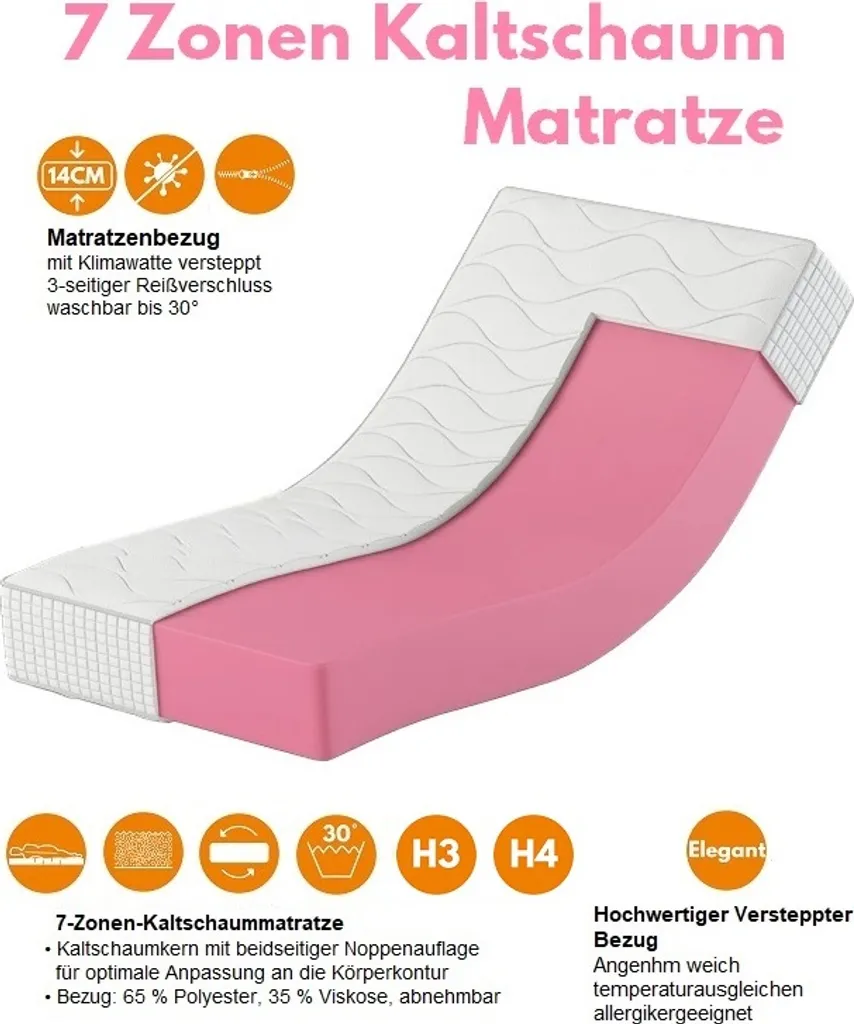 Kaltschaum Matratze 90 X 200 14cm Karex® Elegant H3 H4 Schaummatratze Orthopädisch Bezug Mit Reißverschluss 7 Zonen
