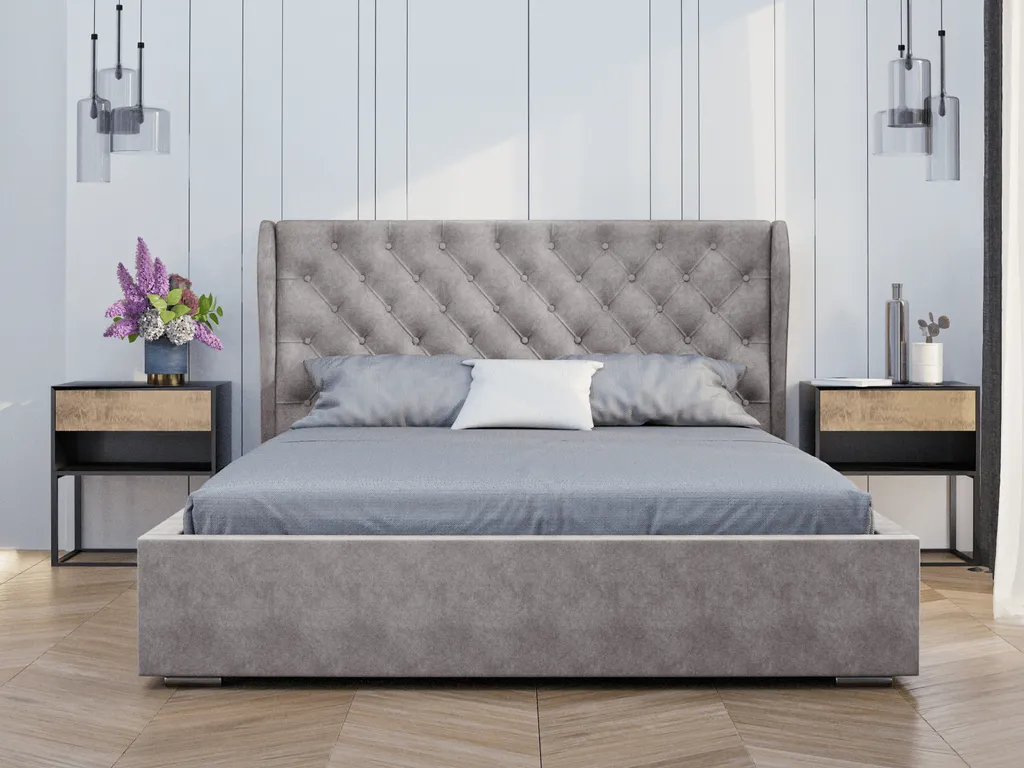Elegantes Bett 200x200 Florence - Polsterbett Mit Velourstoff - Bettkasten & Lattenrost - Chesterfield Ohren Kopfteil - Grau (Vogue 14) – Bild 2