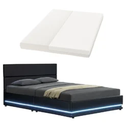 Juskys Polsterbett Toulouse 140 X 200 Cm Mit Bettkasten, LED Beleuchtung, Lattenrost & Matratze, Kunstleder & Holz Bett Bettgestell Jugendbett Schwarz