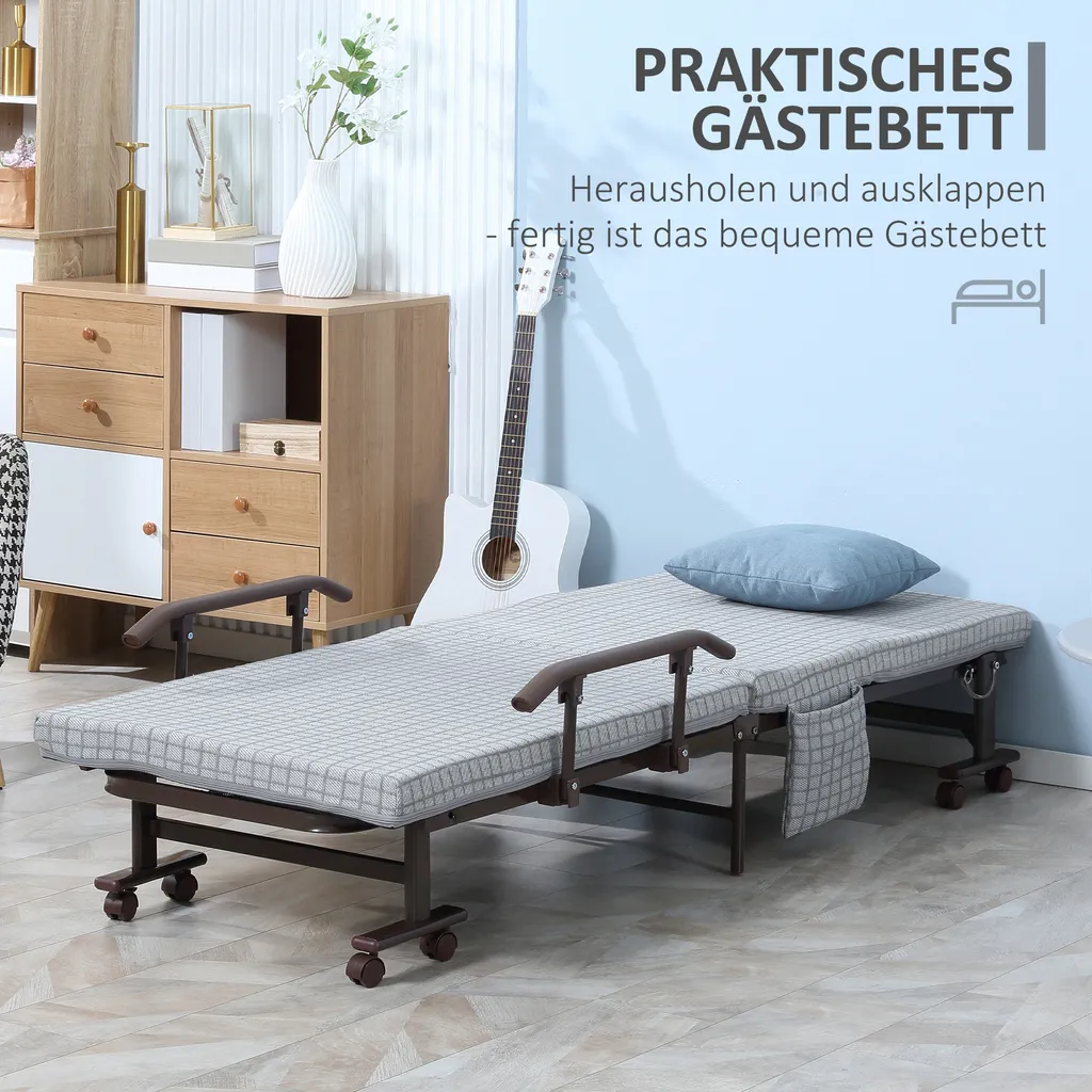 HOMCOM Klappbett Gästebett Mit Rollen Sessel Mit 5-stufig Verstellbarer Rückenlehne Reisebett Stahlrahmen Hellgrau+Schwarz 190 X 76 X 33 Cm – Bild 4