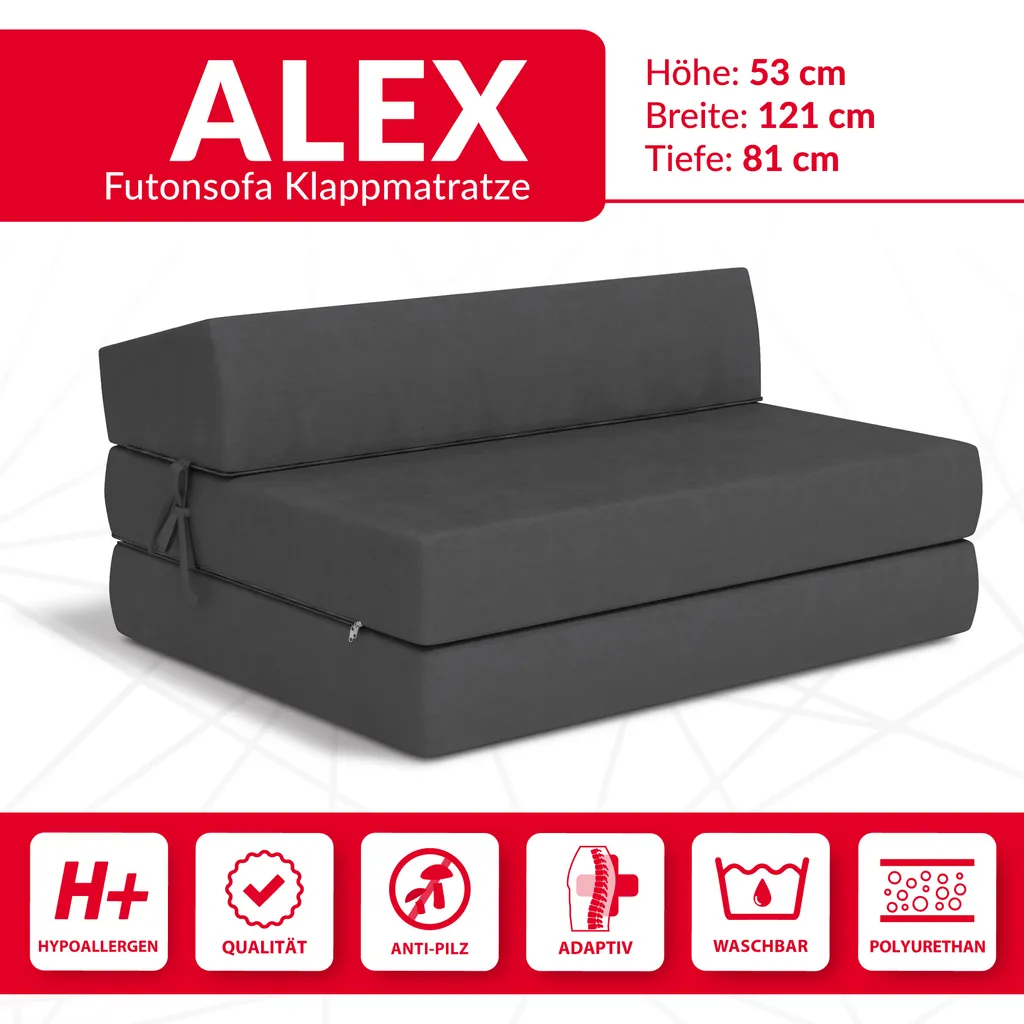 Klappmatratze 120x200 Cm Futonsofa Kaltschaum Polyurethan Höhe Ca. 14 Cm Microfibre Graphitgrau