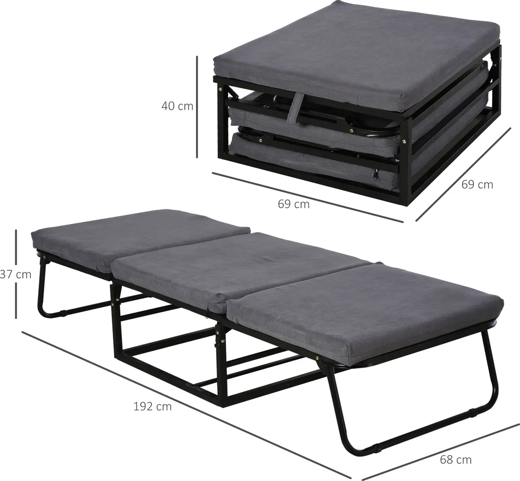 HOMCOM Gästebett Klappbar, 2-in-1 Klappbett Hocker, Verstellbare Kopfteilhöhe, Polyester+Stahl+Schaumstoff, Grau, 192 X 68 X 37 Cm – Bild 7