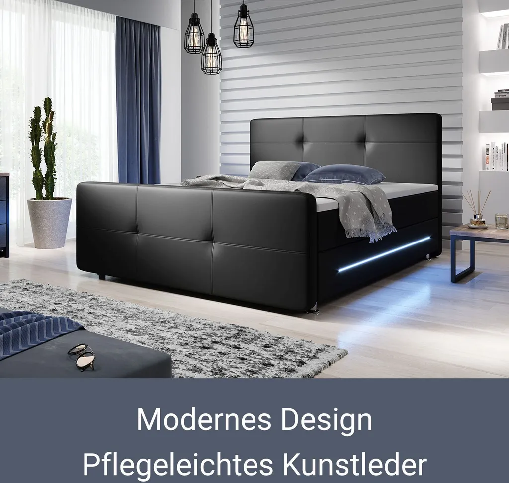 Juskys Boxspringbett Oakland 180 X 200 Cm – LED Beleuchtung, Bonell-Matratzen, Topper & Kunstleder – 58 Cm Komforthöhe – Schwarz – Bett Doppelbett – Bild 3