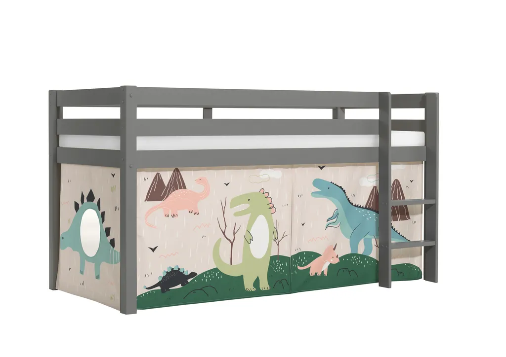 Vipack Halbhohes Bett PINO, Mit Textilset "Dino", Ausf. Kiefer Massiv Grau Lackiert – Bild 2