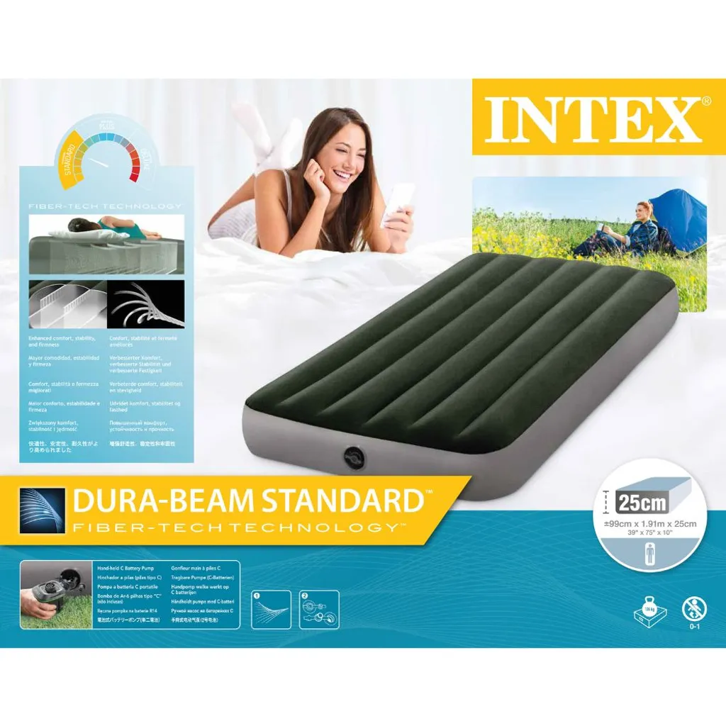 Intex Luftbett - 1 Person - 99 X 191 X 25 Cm - Grün - Mit Pumpe + Spannbettlaken Schwarz + Reperaturset – Bild 5