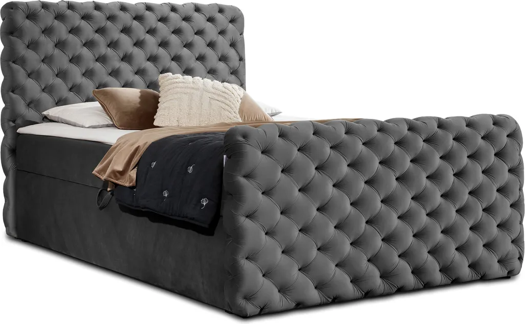 GRAINGOLD Kontinentalbett 120x200 Cleo Lux - Boxspringbett Mit Zwei Großen Bettkästen, Hauptmatratze Von Hochelastischer Schaum - Glamour-Stil Schlafzimmerbett - Grau (Riviera 91)