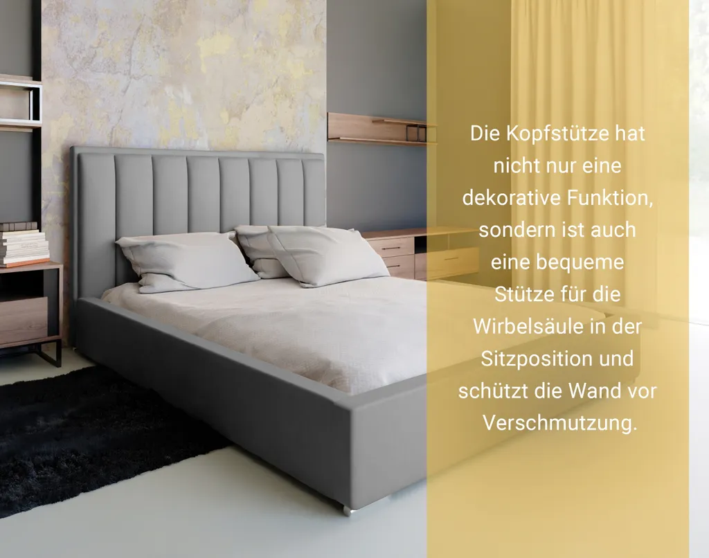 GRAINGOLD Doppelbett 180x200, Polsterbett Mit Bettkasten, Rückenlehne Und Lattenrost Ark - Grau – Bild 3