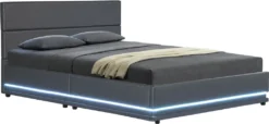 Juskys Polsterbett Toulouse 140x200 Cm Mit LED Beleuchtung, Bettkasten & Lattenrost - Bezug Aus Kunstleder - Bett Jugendbett Stauraumbett - Grau