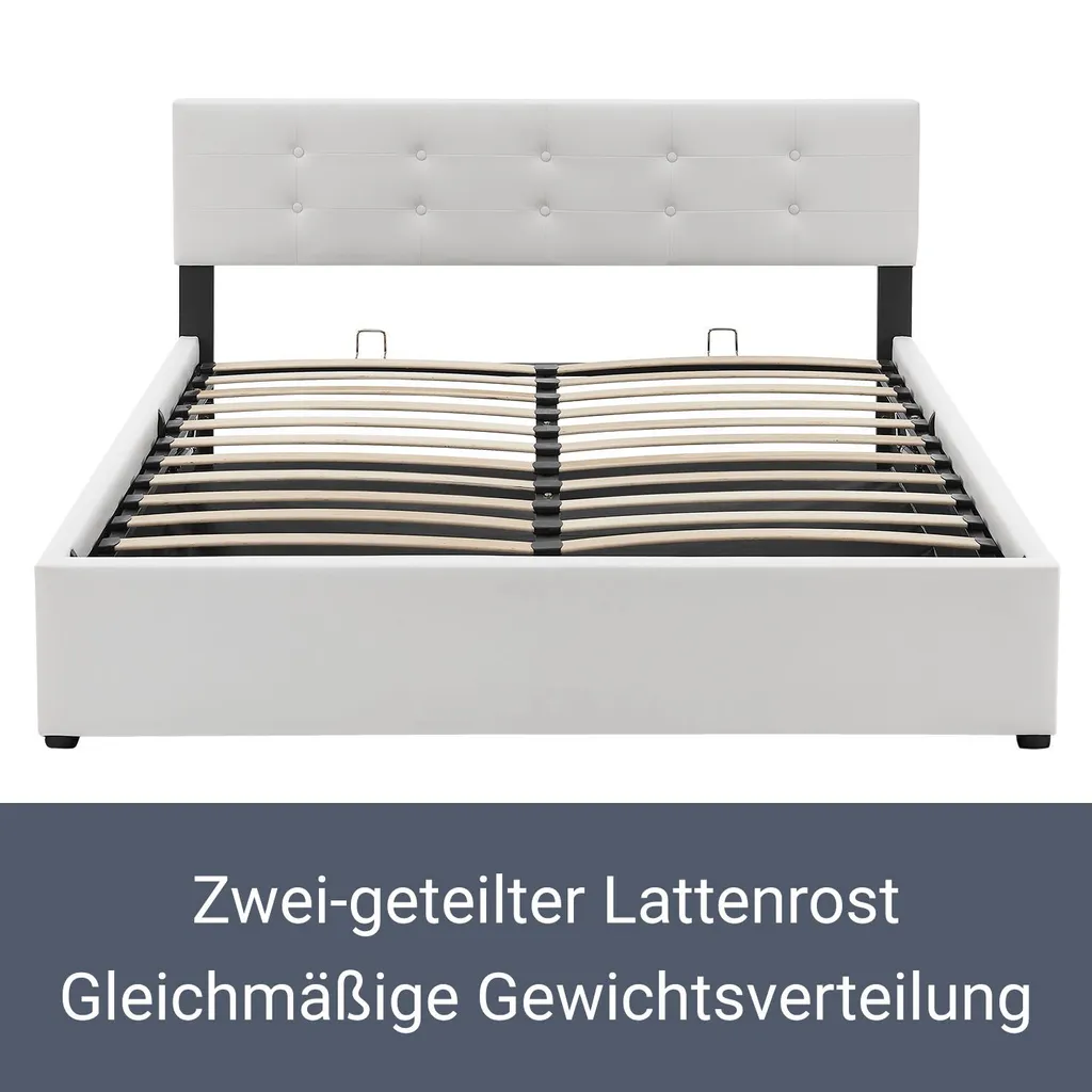 Juskys Polsterbett Marbella 140x200 Cm Mit Bettkasten & Lattenrost – Bettgestell Aus Kunstleder Und Holz – Bett Jugendbett Weiß – Bild 5