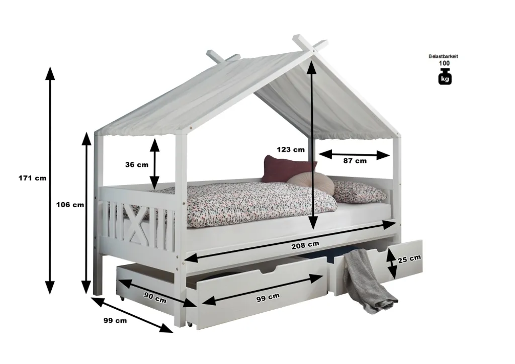 Kinderbett Emma Mit Dach / Himmelvorrichtung 90*200 Kiefer Massiv Weiß Jugendzimmer Liege Massivholz Spiel Hausbett – Bild 4