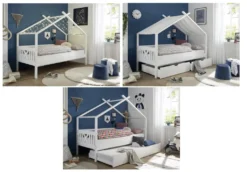 Kinderbett Emma Mit Dach / Himmelvorrichtung 90*200 Kiefer Massiv Weiß Jugendzimmer Liege Massivholz Spiel Hausbett