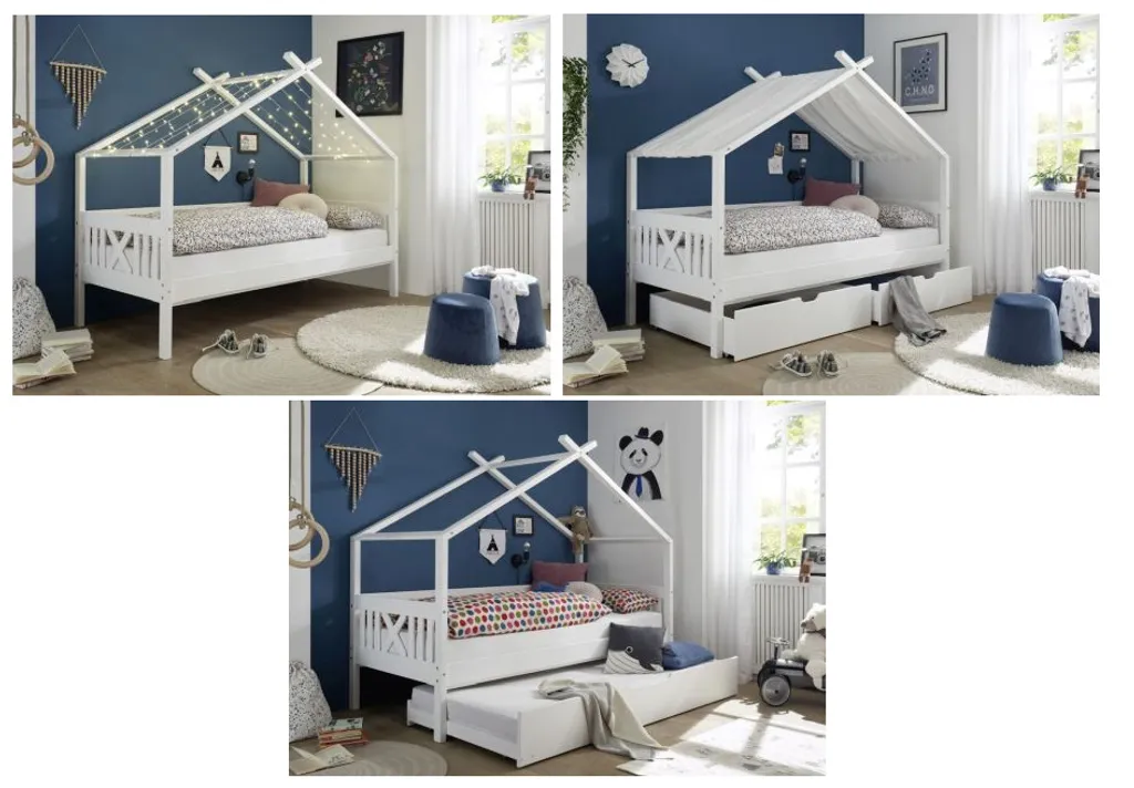 Kinderbett Emma Mit Dach / Himmelvorrichtung 90*200 Kiefer Massiv Weiß Jugendzimmer Liege Massivholz Spiel Hausbett
