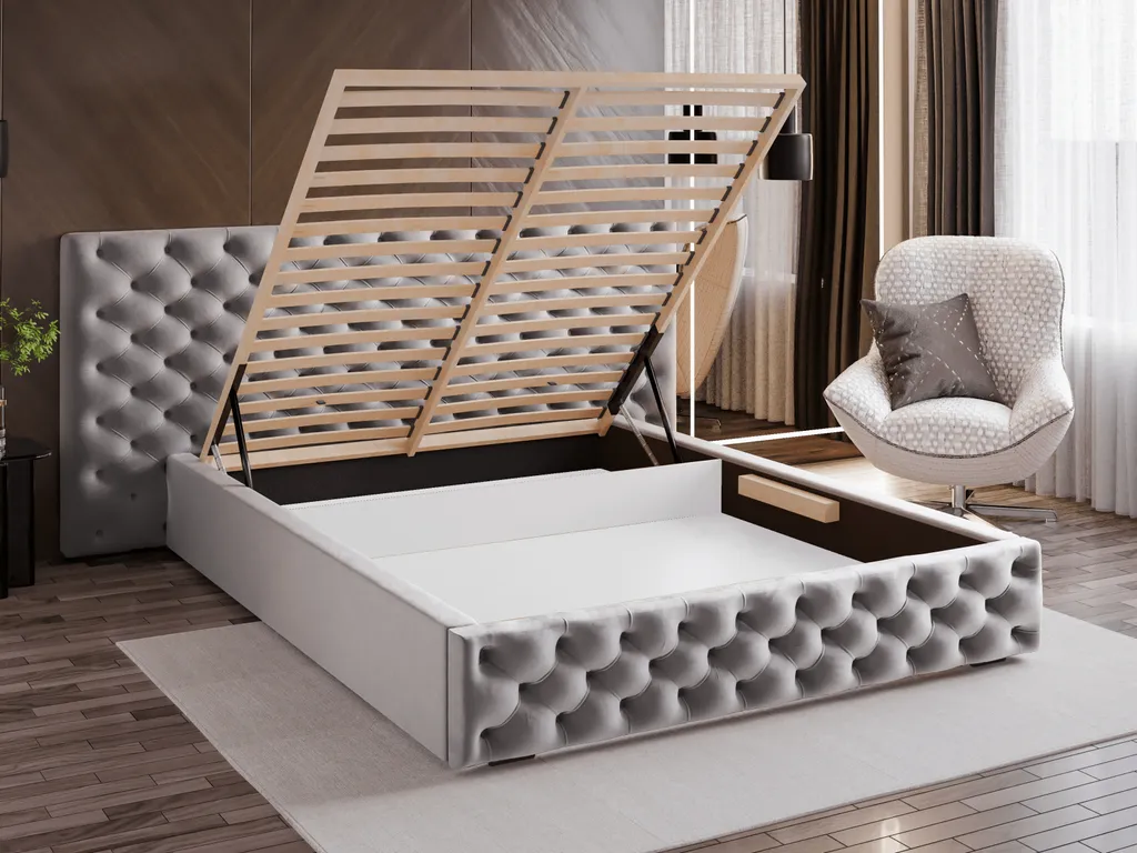 GRAINGOLD Chesterfield Bett 180x200 Madera - Stilvoll Massives Kopfteil - Polsterbett Mit Bettkasten Und Lattenrost - Elegantes Bett - Schwarz (Amor Velvet 4322) – Bild 3