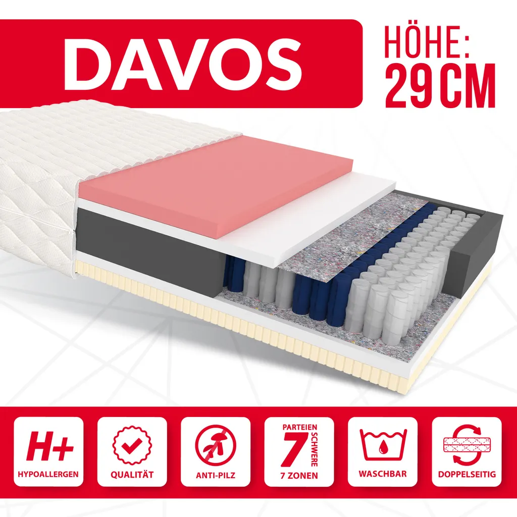 Matratze 140x200 Cm DAVOS Taschenfederkern 7 Zonen H2 H3 Höhe Ca. 29 Cm Visco Latex Matratzenbezug Premium JERSEY