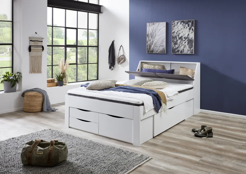 RELITA Funktionsbett Maxi 140 X 200 Cm, Mit Rolllattenrost Mit 4 Bettschubladen Und Stauraum-Polster-Kopfteil