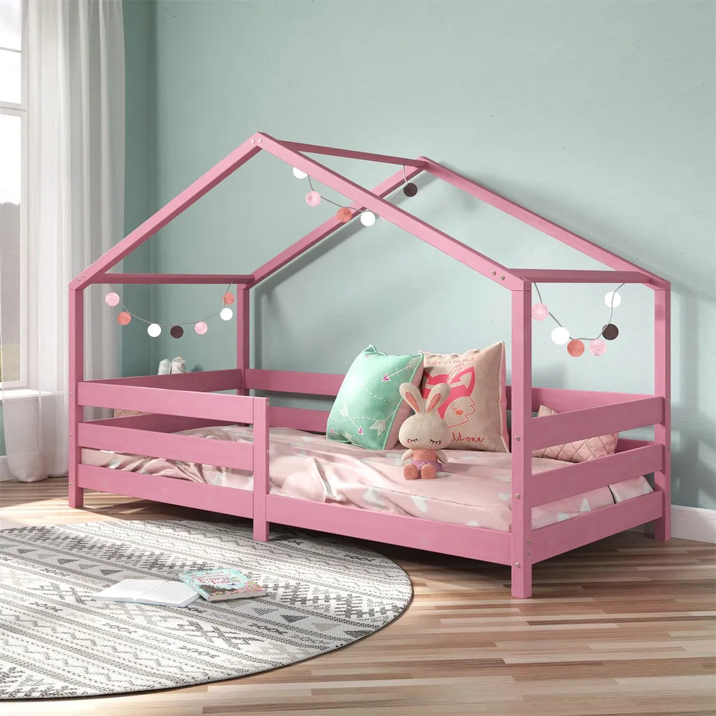 Hausbett RENA Aus Massiver Kiefer In Rosa, Schönes Montessori Bett Mit Rausfallschutz, Stabiles Kinderbett In 90 X 200 Cm – Bild 3