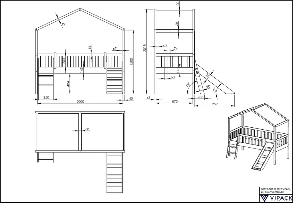 Vipack Hausbett Dallas Mit Leiter Und Rutsche, Liegefläche 90 X 200 Cm, Inkl. Rolllattenrost, Ausf. Kiefer Weiß Lackiert – Bild 5