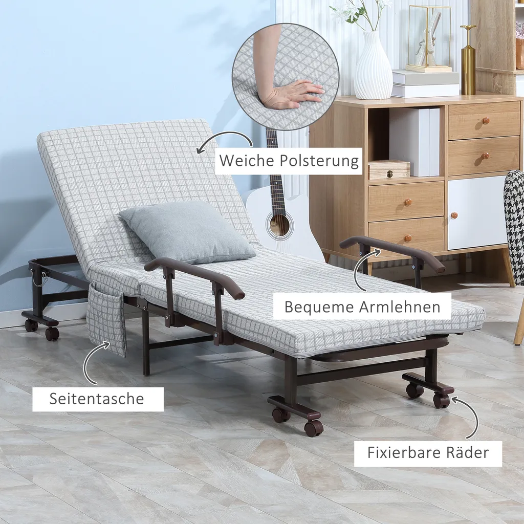 HOMCOM Klappbett Gästebett Mit Rollen Sessel Mit 5-stufig Verstellbarer Rückenlehne Reisebett Stahlrahmen Hellgrau+Schwarz 190 X 76 X 33 Cm – Bild 7