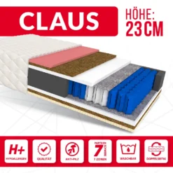 Matratze 180x200 Cm CLAUS 7 Zonen H4 Taschenfederkern Visco Memory Schaum Latex Kokos Höhe Ca. 23 Cm Mit Waschbarem Bezug Premium Jersey