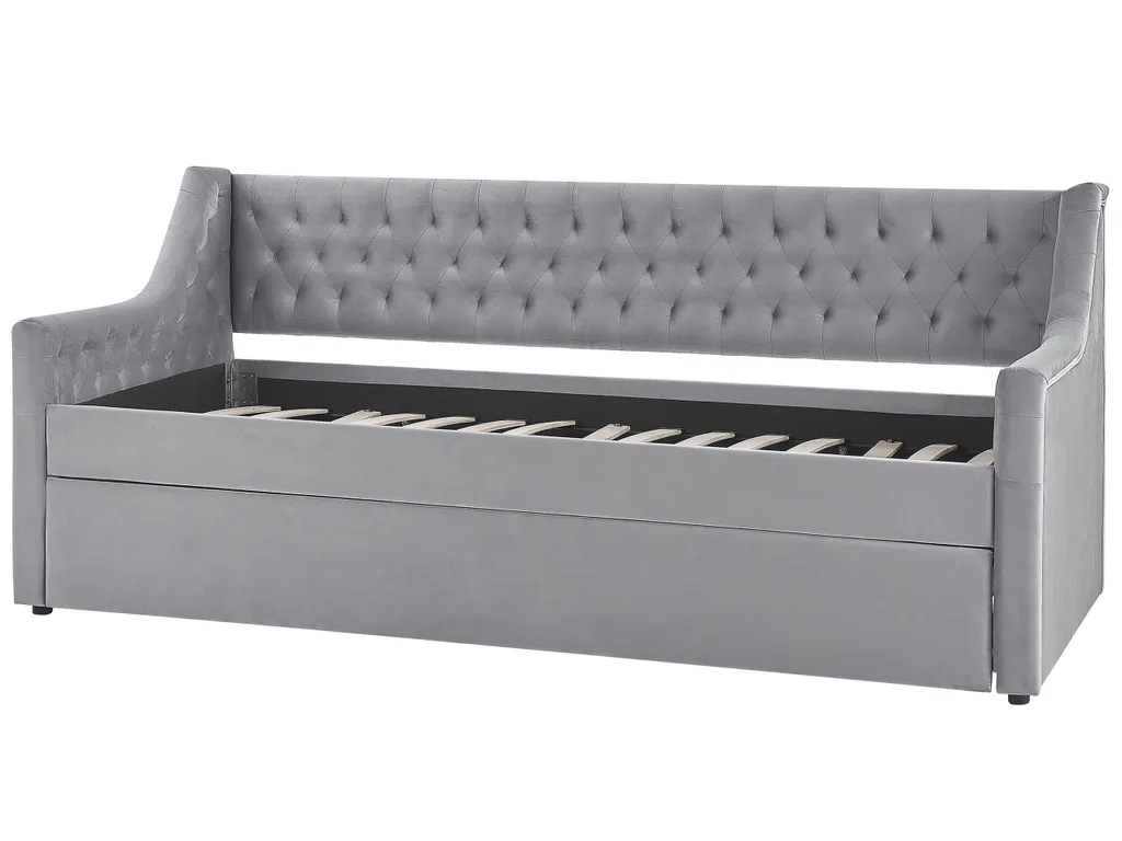 Tagesbett Grau Samtstoff 90 X 200 Cm Ausziehbar Mit Lattenrost Nieten Modern Glamour – Bild 5