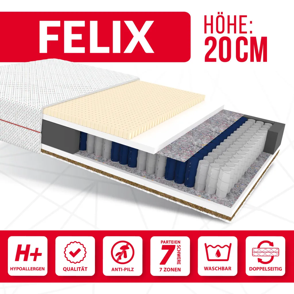 Matratze 90x200 Cm FELIX 7 Zonen H3 H4 Taschenfederkern Kokos Latex Höhe Ca. 20 Cm Mit Waschbarem Bezug Premium Candy