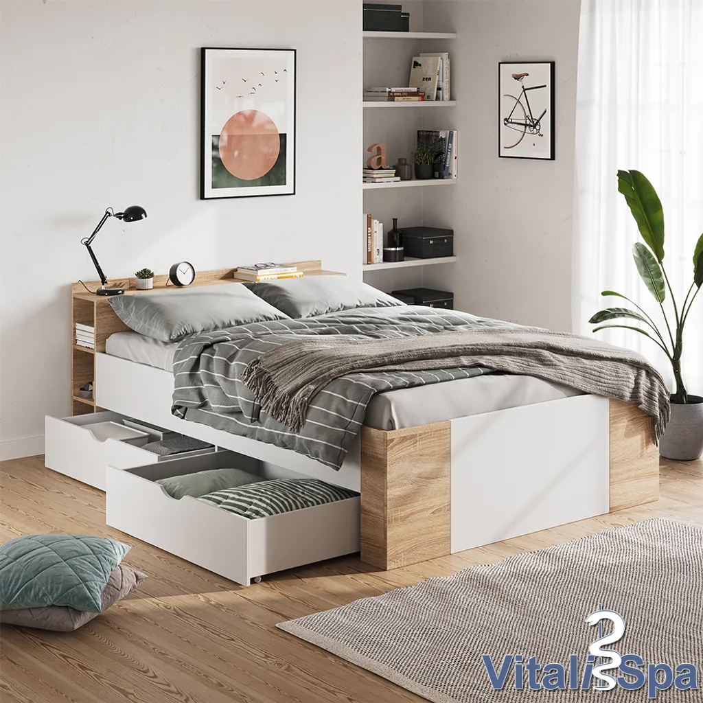 VitaliSpa Schubladenbett Pulsar Sonoma Weiß 144,6 X 75,2 X 225,4 Cm Holzwerkstoff – Bild 4