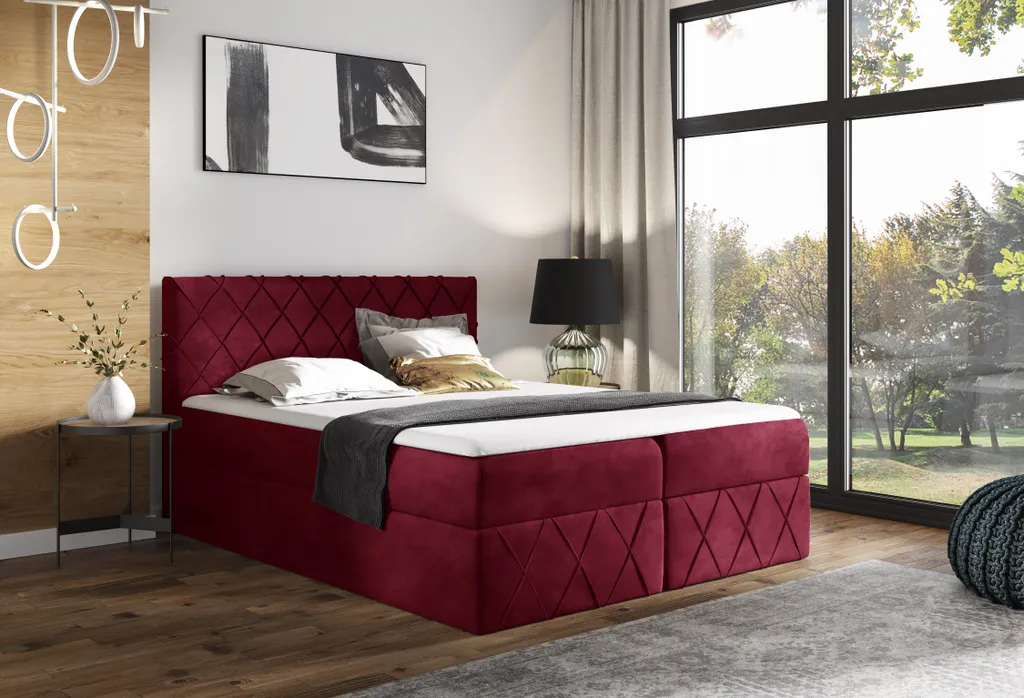 GRAINGOLD Boxspringbett 200x200 Vivaro Lux - Kontinentalbett Mit Zwei Bequemen Matratzen, Zwei Bettkästen, Elegante Steppung Am Kopfteil Und Fußteil - Samtstoff - Rot (Kronos 02) – Bild 2