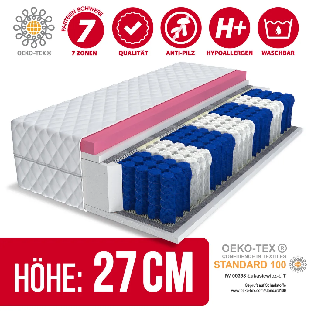 Matratze 180 X 200 MEMORY DUO Höhe 27 Cm 7 Zonen Visco Memory Taschenfederkern H2 Und H3
