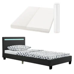 Juskys Polsterbett Verona 90x200 Cm - Bettgestell Inkl. LED-Beleuchtung, Lattenrost & Matratze - Schwarz - Kunstleder - Einzelbett Jugendbett