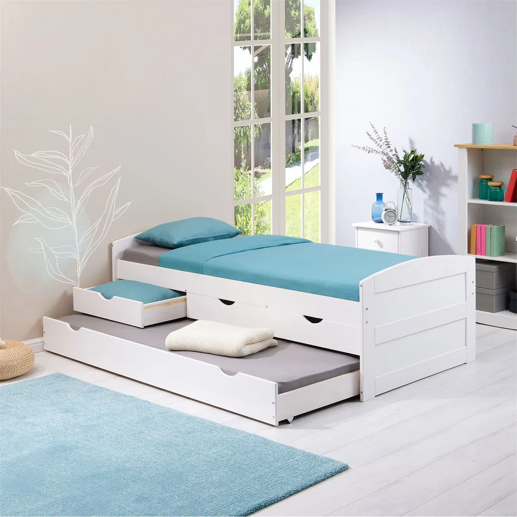 Bett Mit Stauraum JESSY Aus Massiver Kiefer Weiß, Schönes Jugendbett Mit 3 Schubladen, Praktisches Funktionsbett Mit Auszugbett, Gemütliches Bett In 90 X 190 Cm – Bild 2