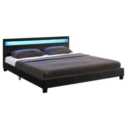 Juskys Polsterbett Paris 140 X 200 Cm Schwarz – Bettgestell Mit LED Beleuchtung, Lattenrost & Kopfteil – Kunstleder & Holz – Bett Jugendbett