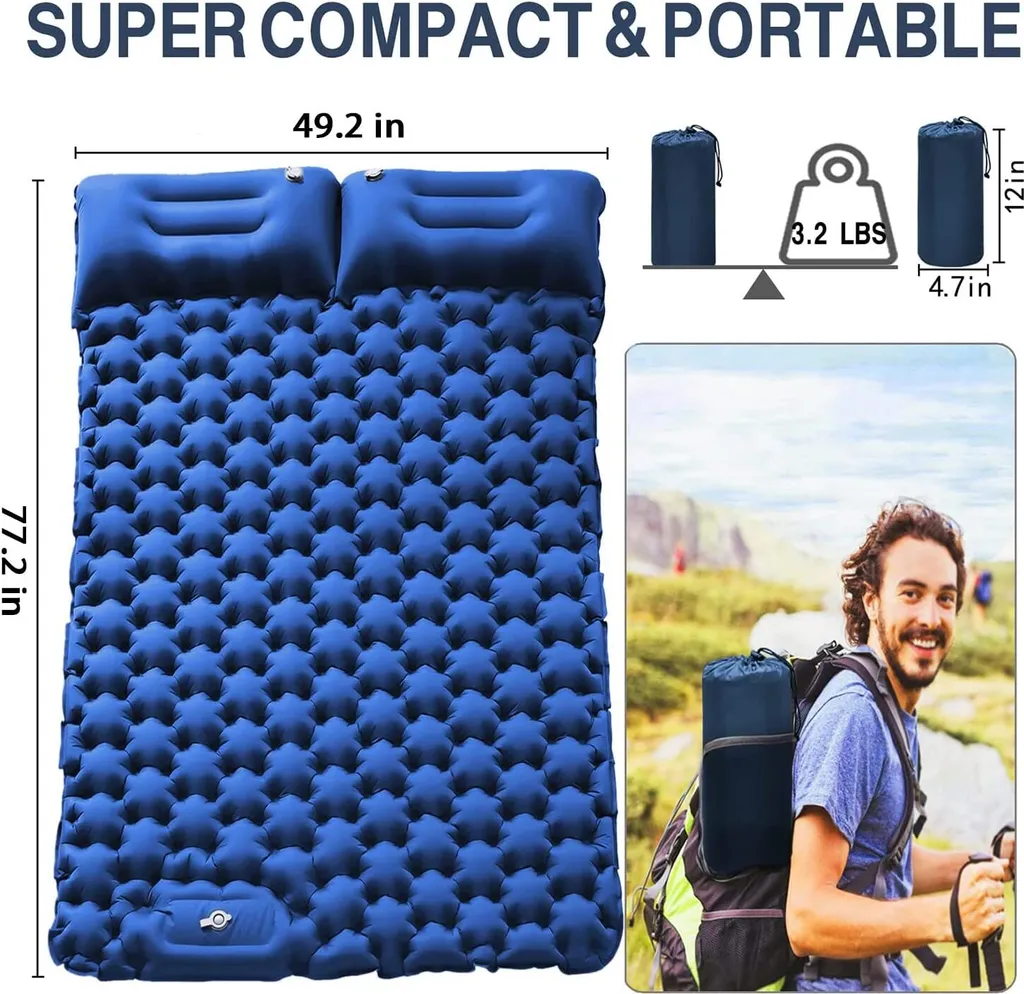 Camping Isomatte 2 Personen Aufblasbare Isomatte, Fußpresse Aufblasbare Wasserdicht Faltbar Schlafmatten Mit Kissen Für Camping, Picknick,Trekking, Und Reisen,Blau – Bild 5