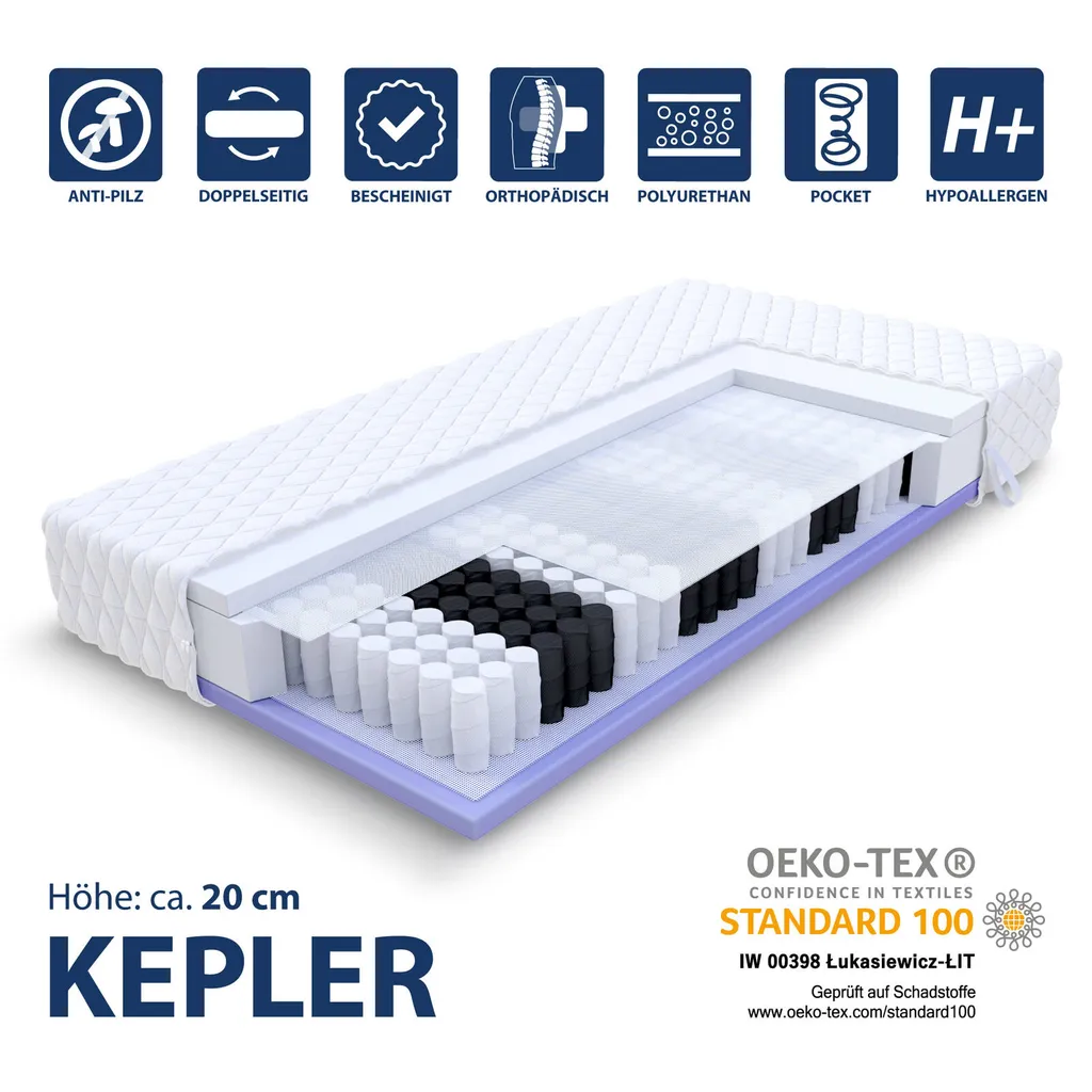 Matratze KEPLER 90x200 Cm Taschenfederkern Höhe Ca. 20 Cm H3 H4 Premium Jersey Bezug