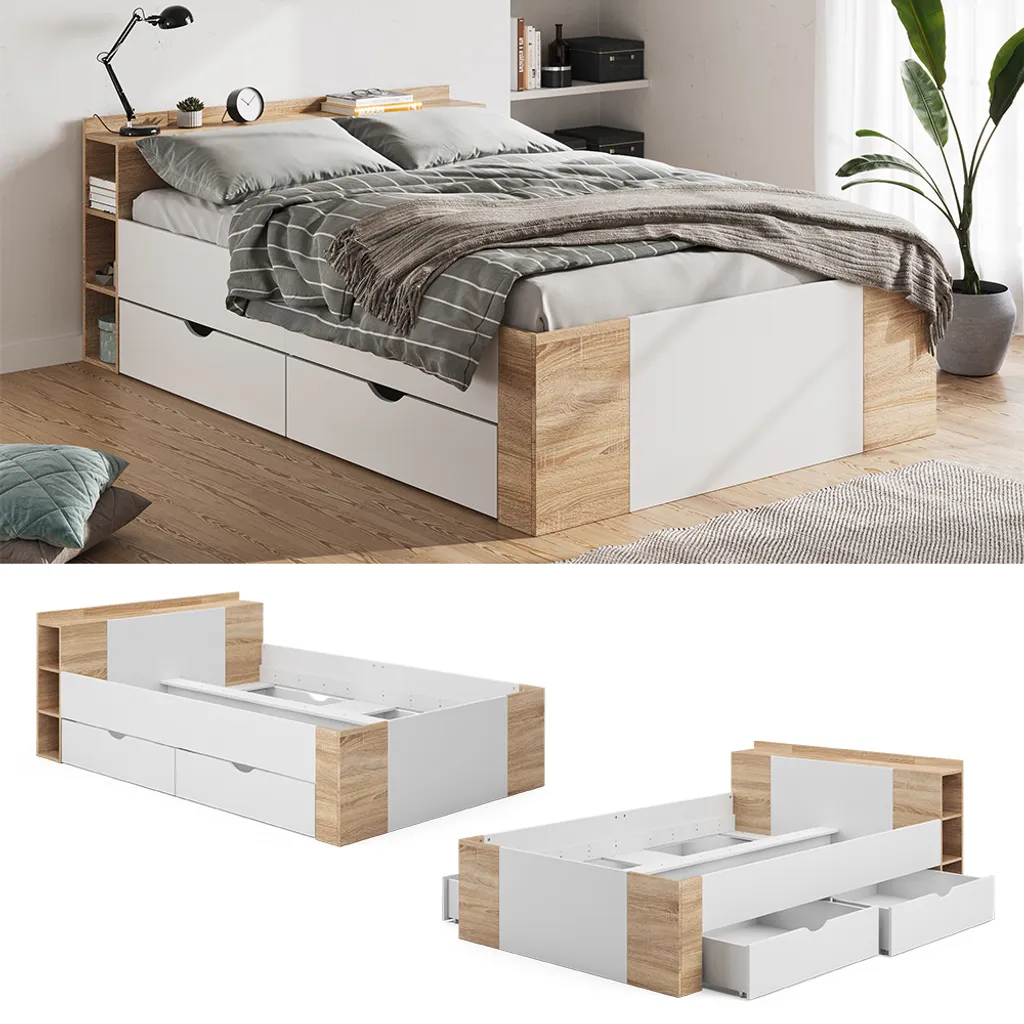 VitaliSpa Schubladenbett Pulsar Sonoma Weiß 144,6 X 75,2 X 225,4 Cm Holzwerkstoff