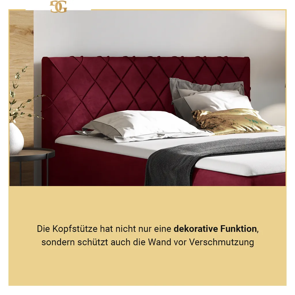GRAINGOLD Boxspringbett 200x200 Vivaro Lux - Kontinentalbett Mit Zwei Bequemen Matratzen, Zwei Bettkästen, Elegante Steppung Am Kopfteil Und Fußteil - Samtstoff - Rot (Kronos 02) – Bild 4